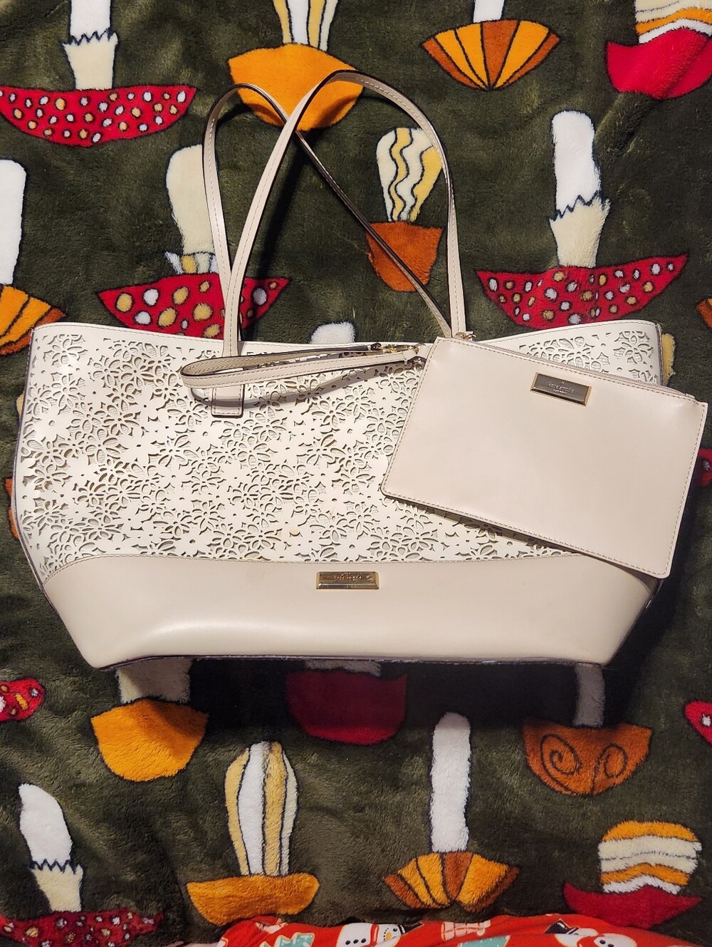 Kate Spade Cream Laser-Cut Floral Tote with Matching Pouch